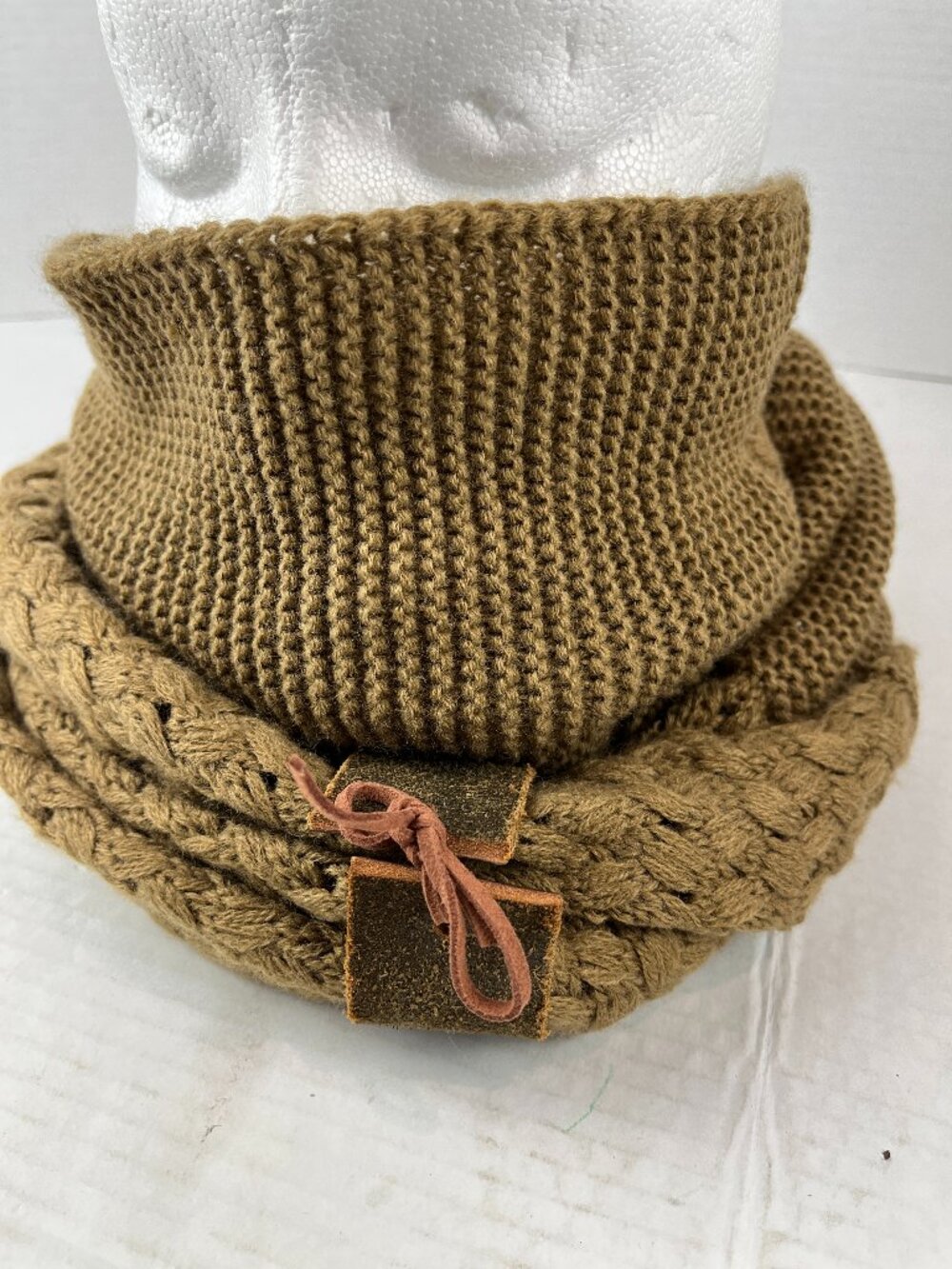 Women's Three Bird Nest Brown soft infinity scarf with leather accent